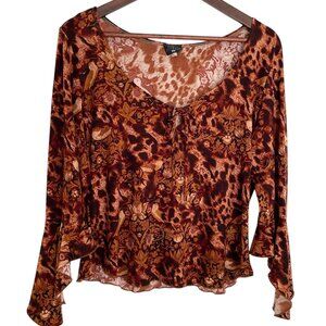 Vintage Y2K Jbx Bell Sleeve Tie Front Top L Brown Leopard Print Birds Boho Gypsy